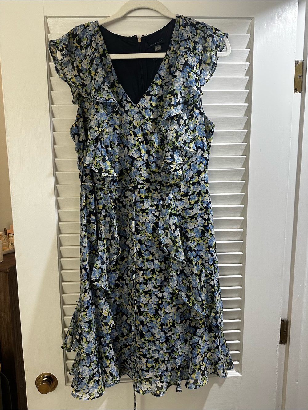 Tommy Hilfiger Blue & Black Floral Ruffle Midi Dress